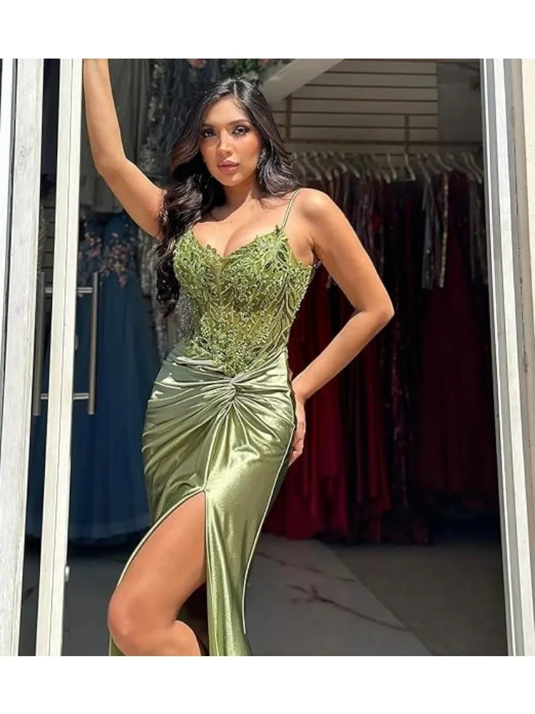 

Satin Mermaid Lace Applique Prom Dresses Long Spaghetti Strap Corset Formal Evening Gown with Slit