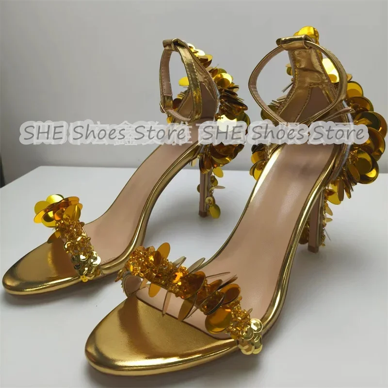 

Luxury Sequined Flowers One-Strap High Heel Women Sandals Summer Breathable Peep Toe Ankle Buckle Strap Pumps Ladies Gladiator