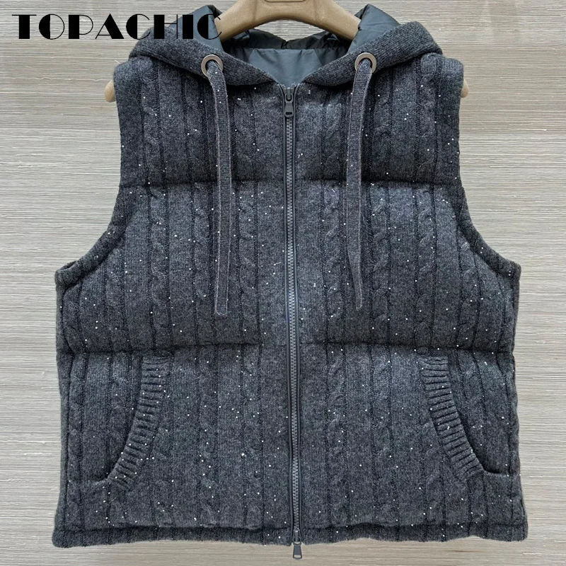 8.23 TOPACHIC-Women\'s 100% Cashmere Knit Twist Hooded Goose Down Keep-warm Vest Beading Chain Lace-up Bling Sequins Vest Coat