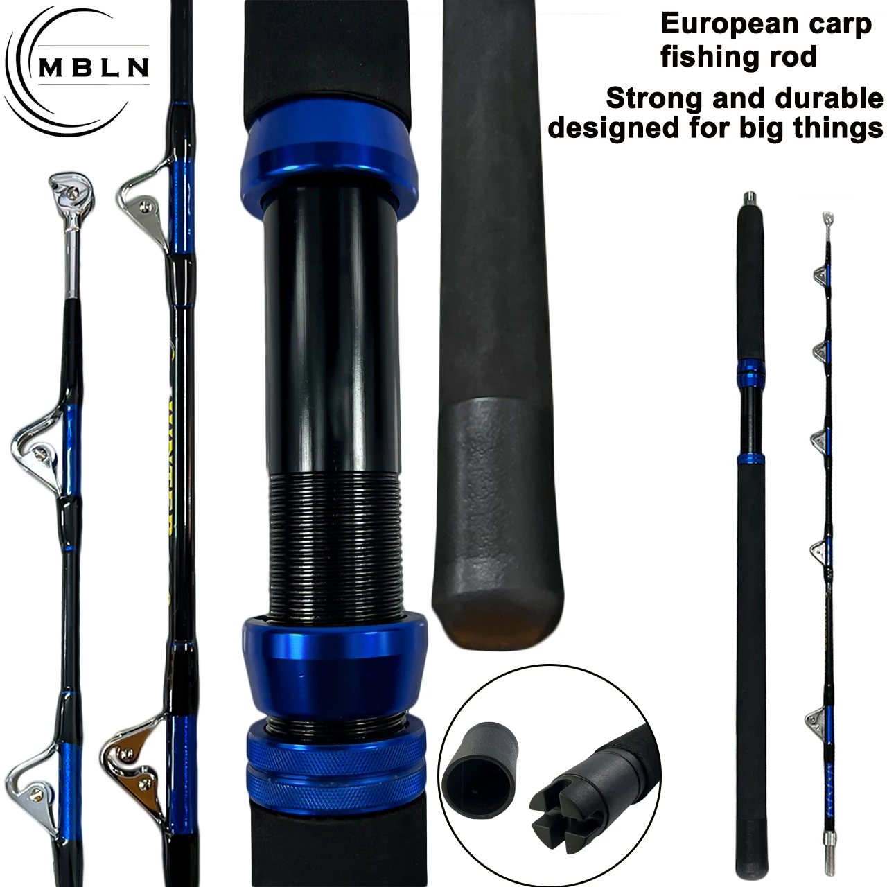 Caña de Pescar de Fibra de Vidrio Negra y Azul de 1 Pieza, Diseño de Viaje de 2 Piezas, Guías de Rodillo de Metal, Mango de EVA, Pesca en Mar y Embarcaciones