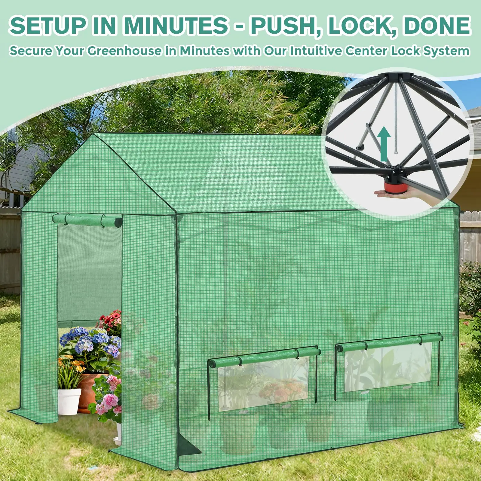 6x6 Pop Up Greenhouse Outdoor, Walk in Garden Greenhouse with Power Access Openings, Zippered Doors & Windows, PE