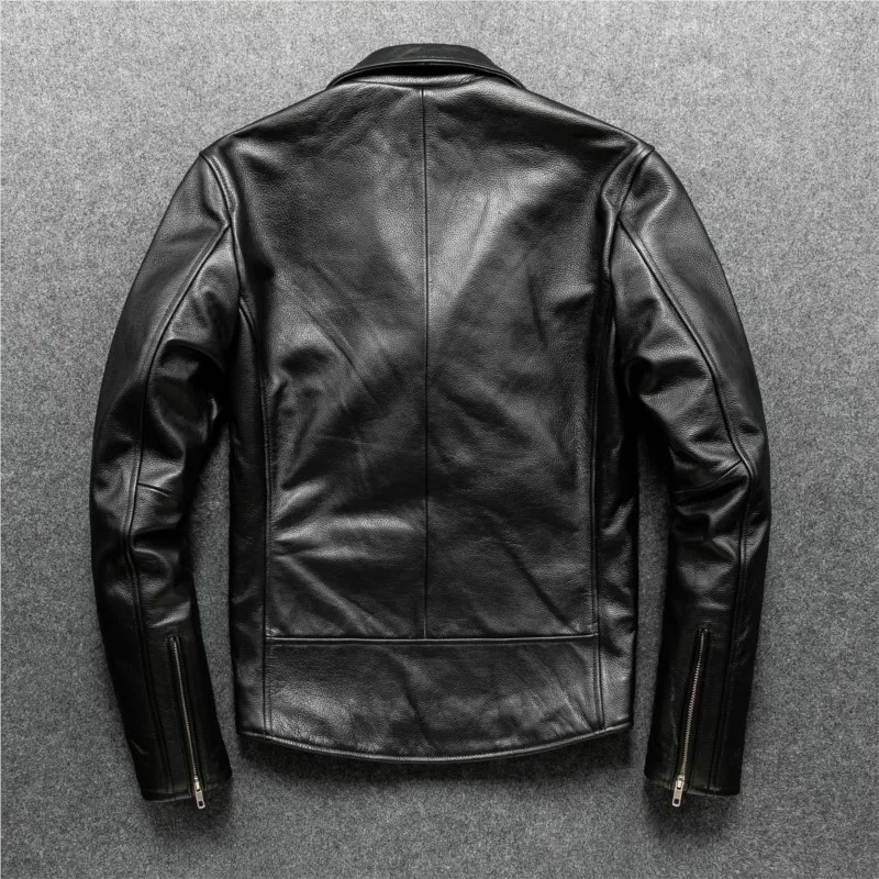Pure leather top layer motorcycle lapel diagonal zipper men's short and style