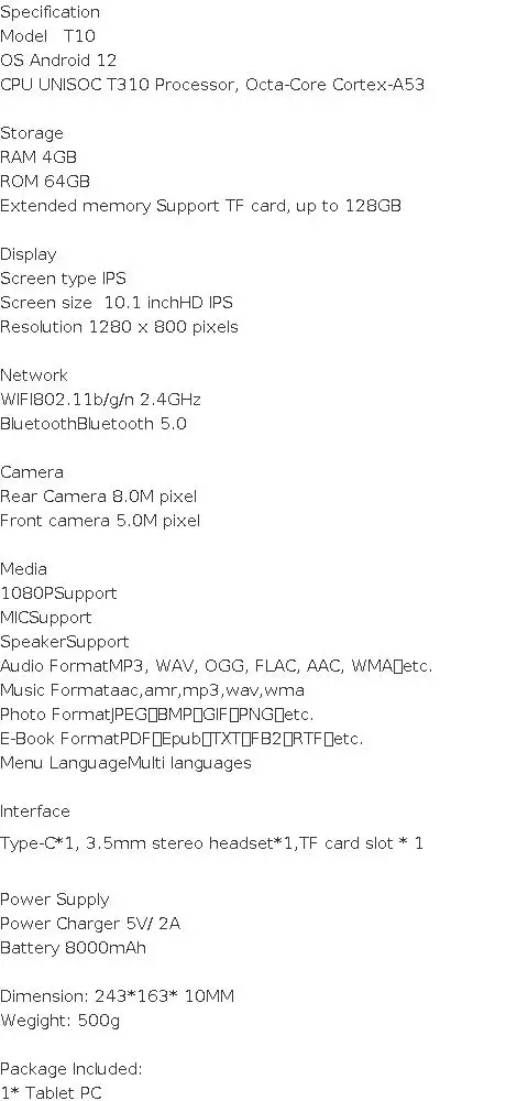 Big Sales 10.1 INCH T10 Type-C J10 Android 12 Tablet PC 4GB RAM 64GB ROM UNISOC T310 CPU Octa-Core 1.4GHz