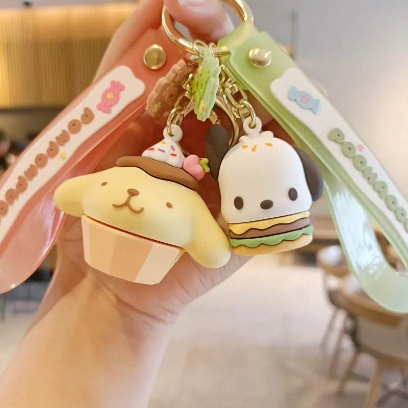 MINISO Sanrio Snacks Series Keychain Cute Pendant Cartoon Hello Kitty Cinnamoroll My Melody Pochacoo Kuromi Pom Bag Decoration