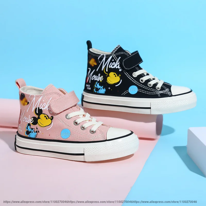 

Disney Cartoon Mickey Shoes High-Top Children's Canvas Shoes Sneakers Student Non-slip Pink Black Shoes For Girl Boy Size 24-40