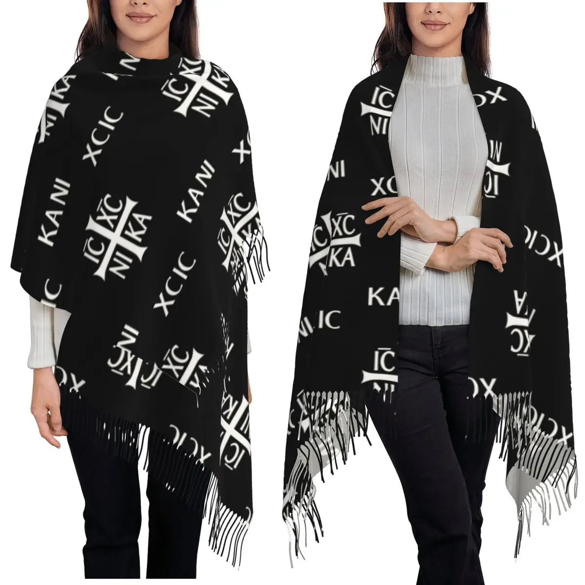 IC XC NIKA Cross Christian Orthodox Jesus Chris Scarf Tassel Scarves for Women Soft Warm Shawls and Wraps Large Shawl Wrap