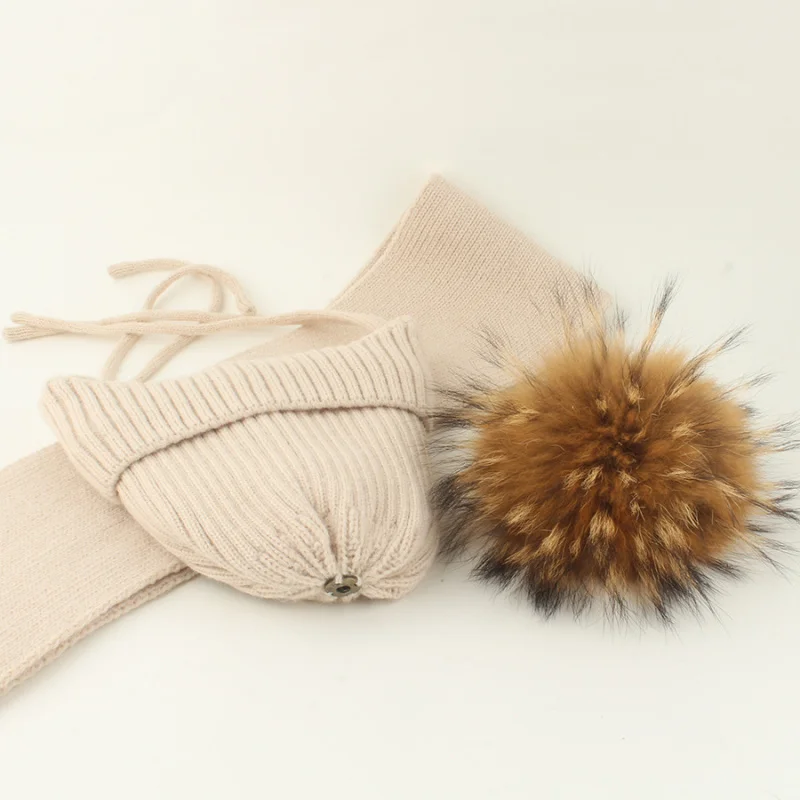 New Autumn Winter Children's Striped Knitted Fleece-Lined Earflap Hat Boys and Girls Real Raccoon Fur Ball Warm Hats scarf set