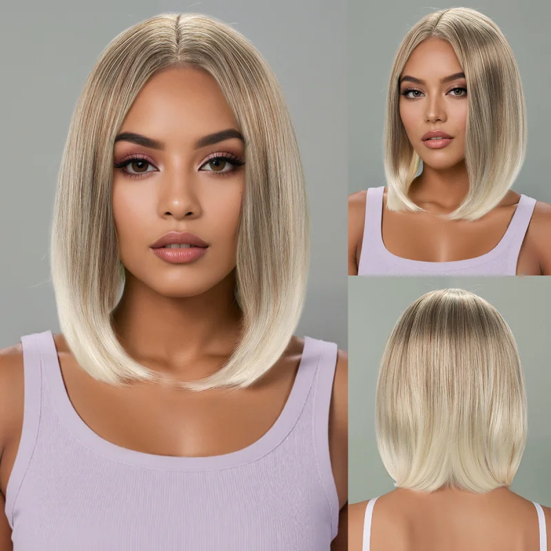 Women's wig, European and American , golden , short straight synthetic hair, middle-parted bobo style, golde