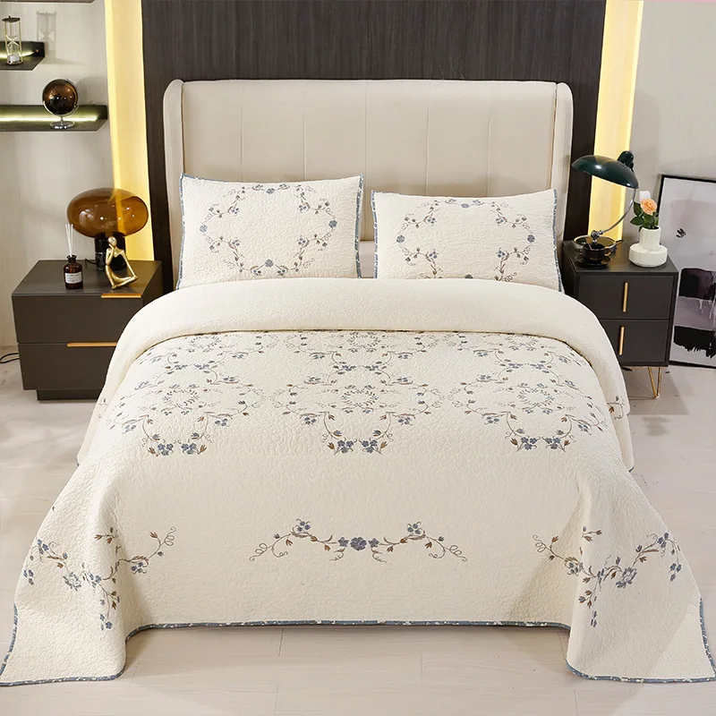 3PCS King Queen Embroidered Cotton Quilt Set - Lightweight Solid Color Quilted Blanket Bedspread Comforter for All Season Use