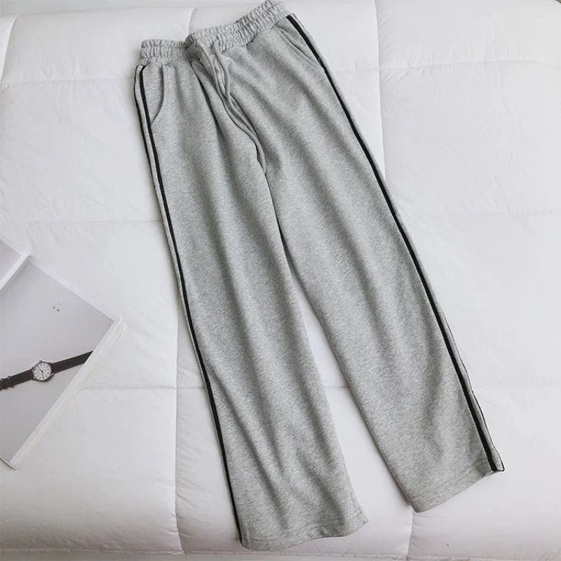 Preppy Style Striped Patchwork Wide Leg Pants Women Clothing Spring Autumn All-match Youth Casual Straight Pants Fashion Korean