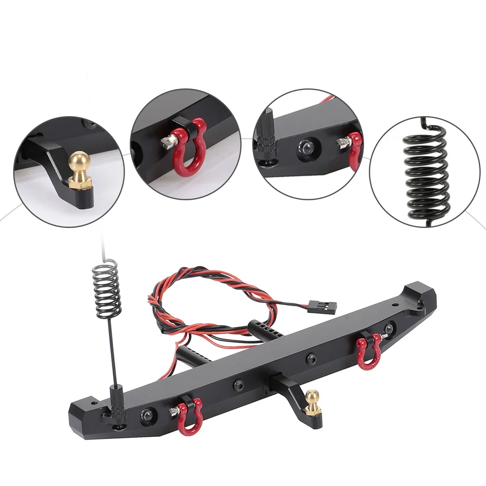 1/10 Metallstoßstange RC Heckstoßstangen mit Antenne Anhänger Heckhaken 2LED Licht Aluminiumlegierung für Scx10 RC Crawler RC Heckstoßstangen