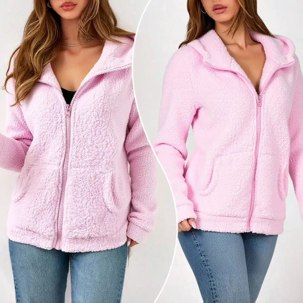 

Women's Hooded Coats Autumn Winter 2025 Chic Soft Teddy Warm Fleece Fur Long Sleeve Full Zip Casual Outerwear Everyday Jackets