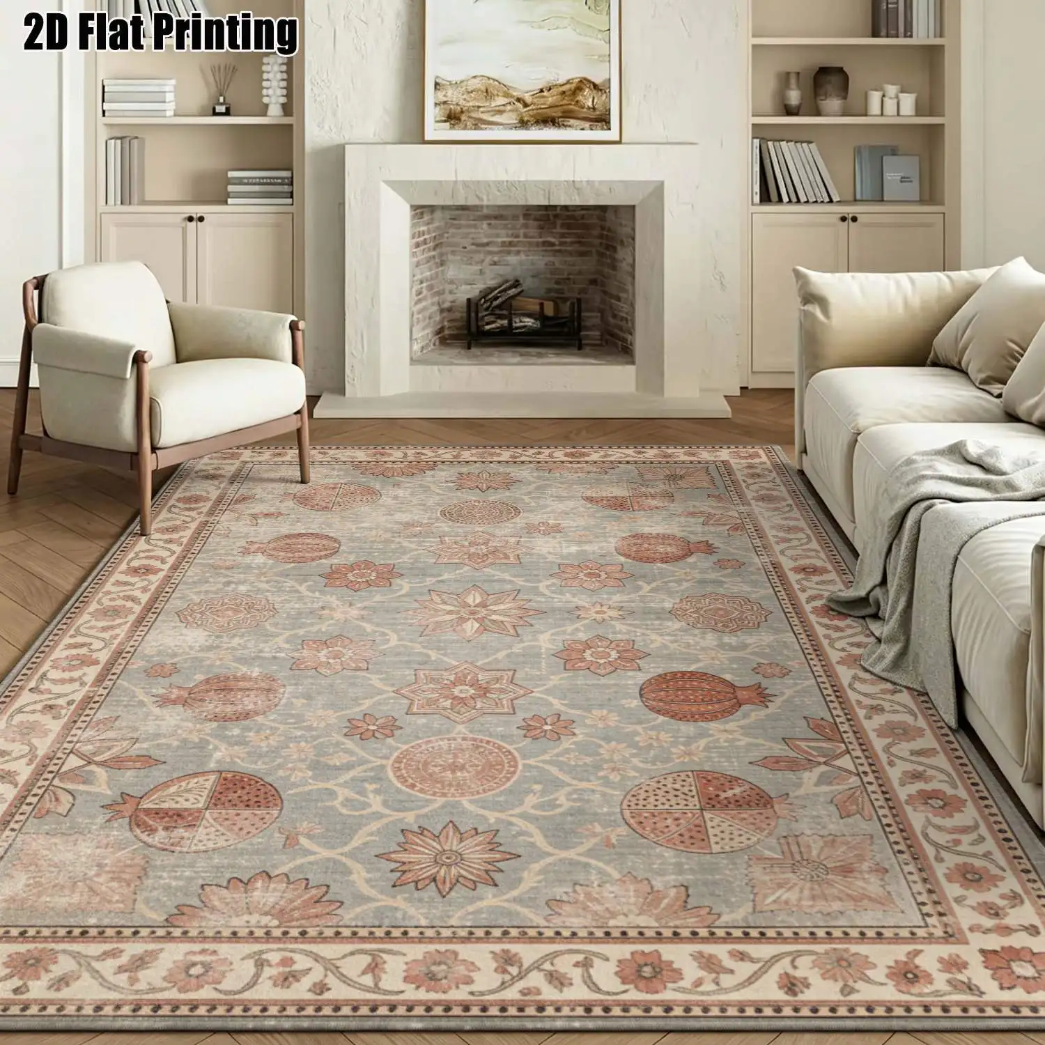 1Pc 2D Printed Carpet with Blue-Gray Pomegranate Flower Pattern, Multi-Style, Multi-Size, Machine Washable, Suitable for Home Decor in Various Settings