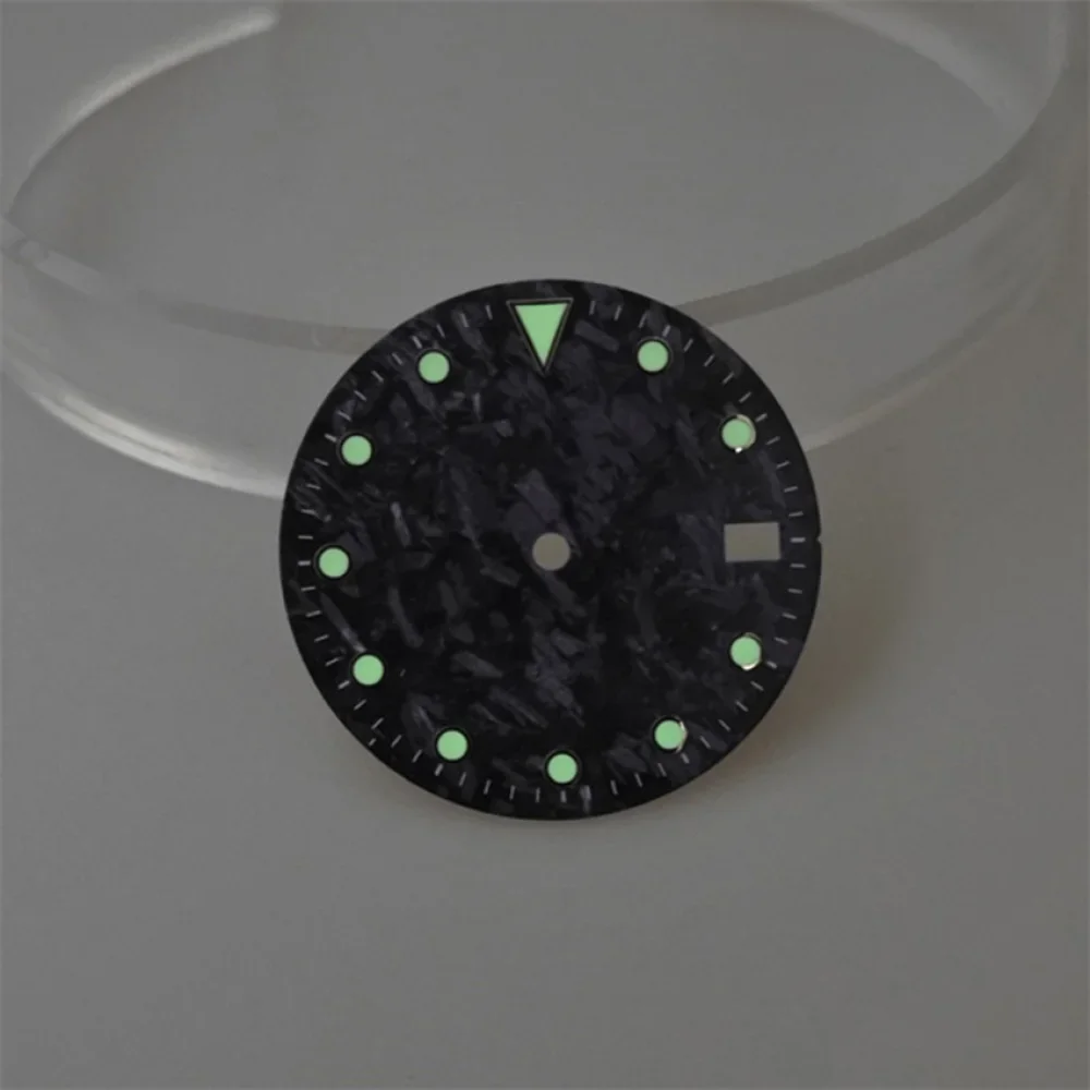 28.5MM Watch Dial Black Carbon Brazed Vertical Pattern Watch Faces for NH35 NH36 Movement C3/BGW9 Green Luminous