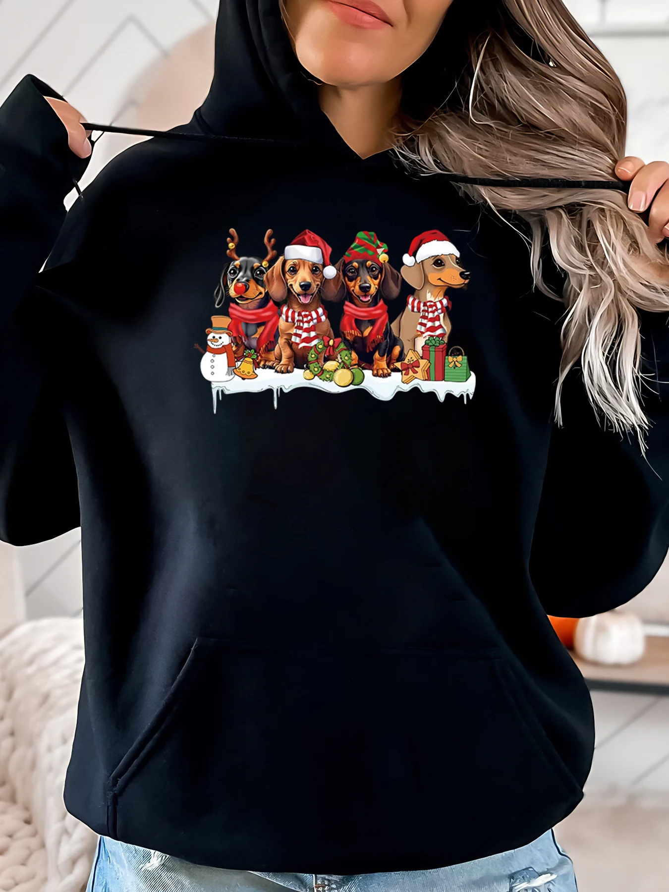 

Рождественская праздничная толстовка с принтом собак таксы, женская повседневная зимняя одежда, черная, больших размеров