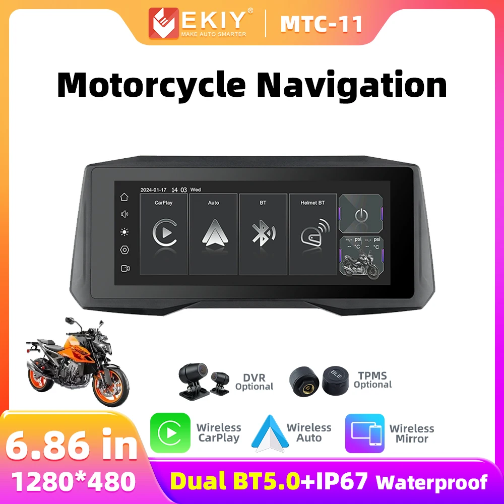 

EKIY MTC11 6.86 Мотоциклетная навигация Беспроводной CarPlay Дисплей Экран TPMS DVR Двойной BT Мотоцикл Беспроводной Android Автоматический монитор