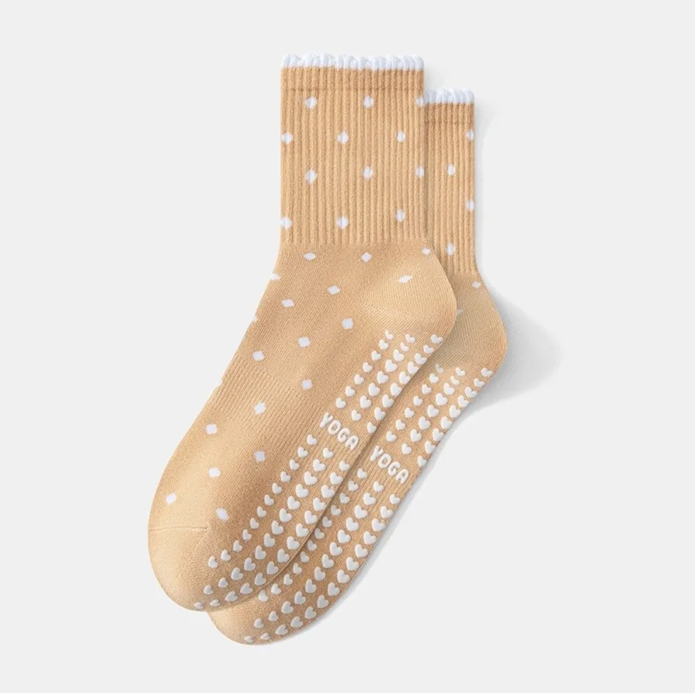 Cotton Yoga Socks Polka Dot Pattern Non Slip Grip Non Slip Socks Ruffled Trim Athletic Grip Socks Women Exercise