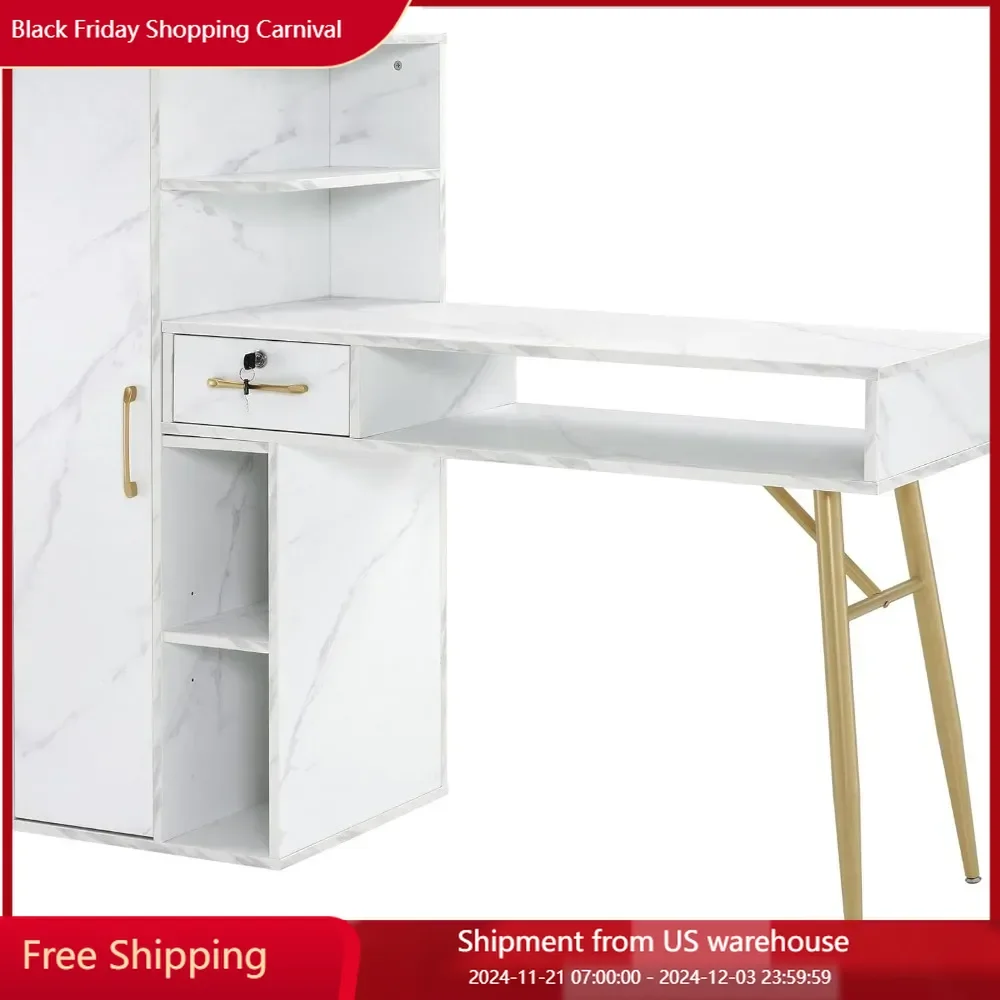 Manicure Table,with Marble Texture,Nail Table with 1 Lockable Drawer, 1 Large 4-Tier Cabinet with Door,Nail Desk for Nail Tech