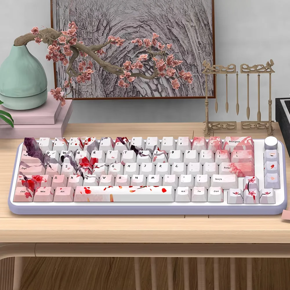 GEFENSI Ink Cherry Blossom Keycap Cherry Keycap Set PBT 138 158 Key ISO For 60/64/84/98/108 Gaming Mechanical Keyboard MX Switch