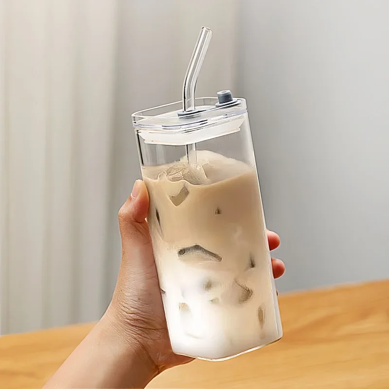 350ML Minimalist Glass with Lid Straw Cup Breakfast Milk Coffee Mug Fruit Juice Scented Tea Afternoon Tea Party Home Drinkware