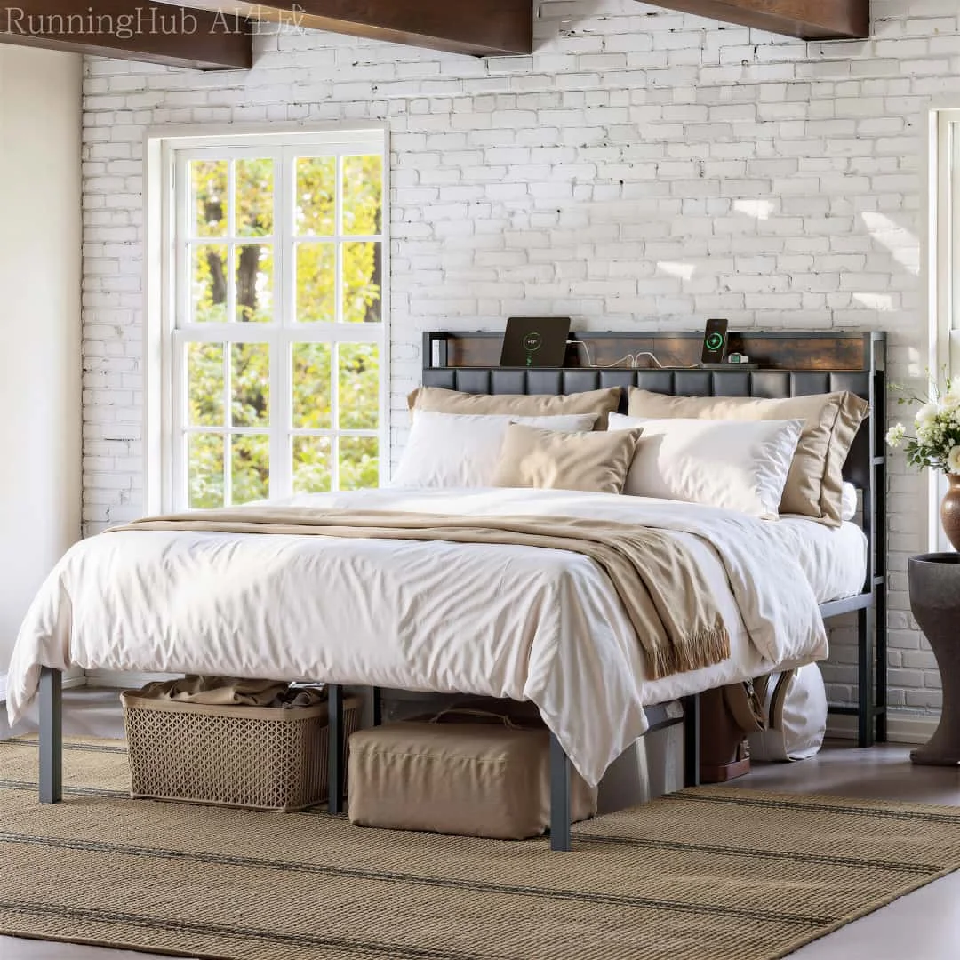 [US Stock] Queen Bed Frame with Charging Station, Metal Platform Bed w/ Storage Headboard, PU Leather, No Box Spring Needed, Bla