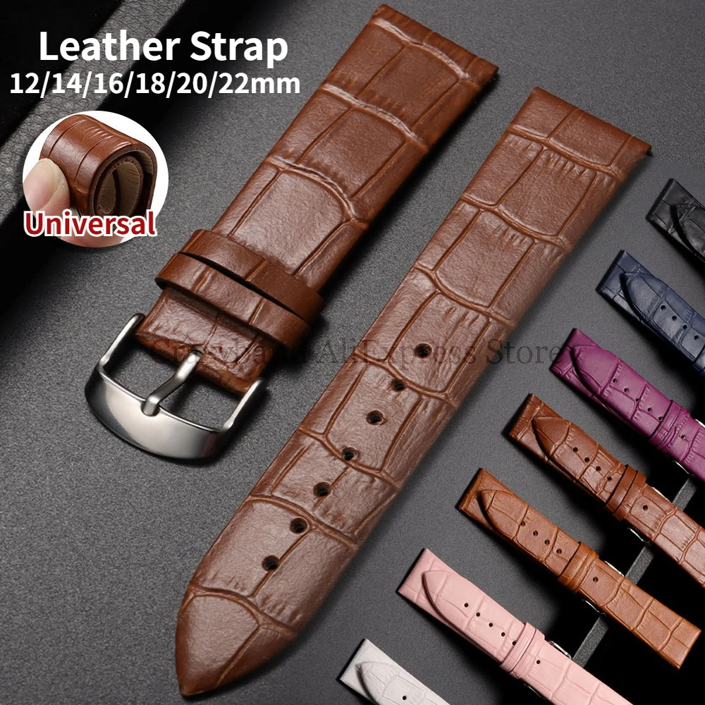 12mm 14mm 16mm 18mm 20mm 22mm Cowhide Watch Strap Universal Leather Band Soften Wrist Belt for Women Men Accessories Black Brown