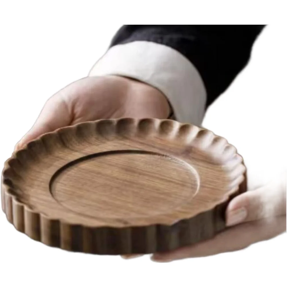 Black Walnut Wooden Tea Tray with Slim Profile and Carved Floral Motif Offering Long Lasting Use and Sophisticated Tea Setup