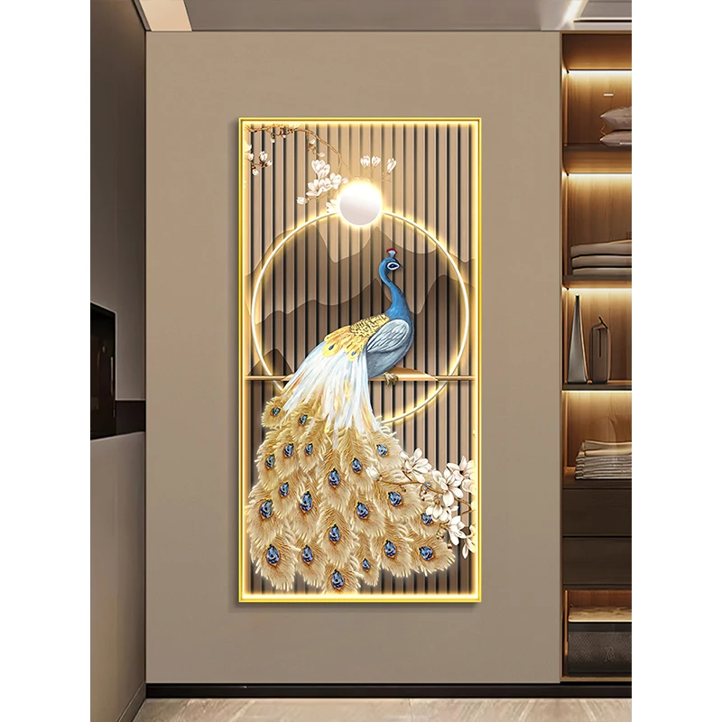 New Chinese Style Luxury Peacock Canvas Painting Wall Art Entrance Decoration Painting Animal Poster for Living Room Porch Decor