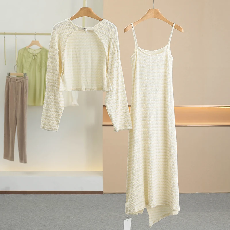 

Striped Knitted Wrap Dress Outerwear Two-Piece Set Spring New Women's Fashion Casual Style Autumn Wear for Adult Ladies
