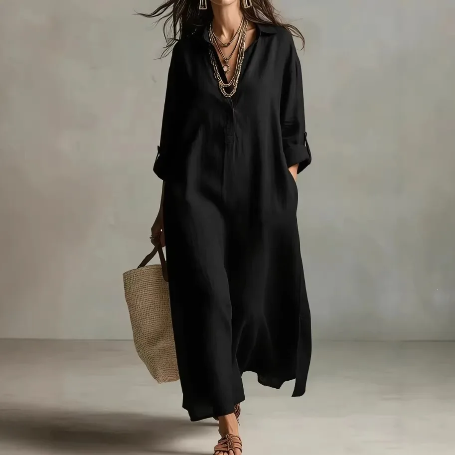 european casual dress Vintage and American Lapel Half-Placket Three-Quarter Sleeve Maxi Dress, Lazy Style Vacation Long mark wong nark backless 100% pure Italian linen tangerine Color:Honey Bee Summer dresses