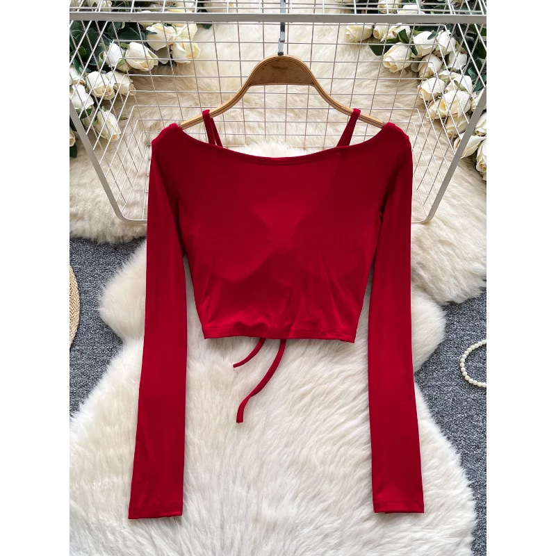 スリムフィット ロングスリーブ クロップトップ レディース Tシャツ デザインセンス スプライスストラップ ボディスーツ カジュアル スタイル 無地 ポリエステル生地