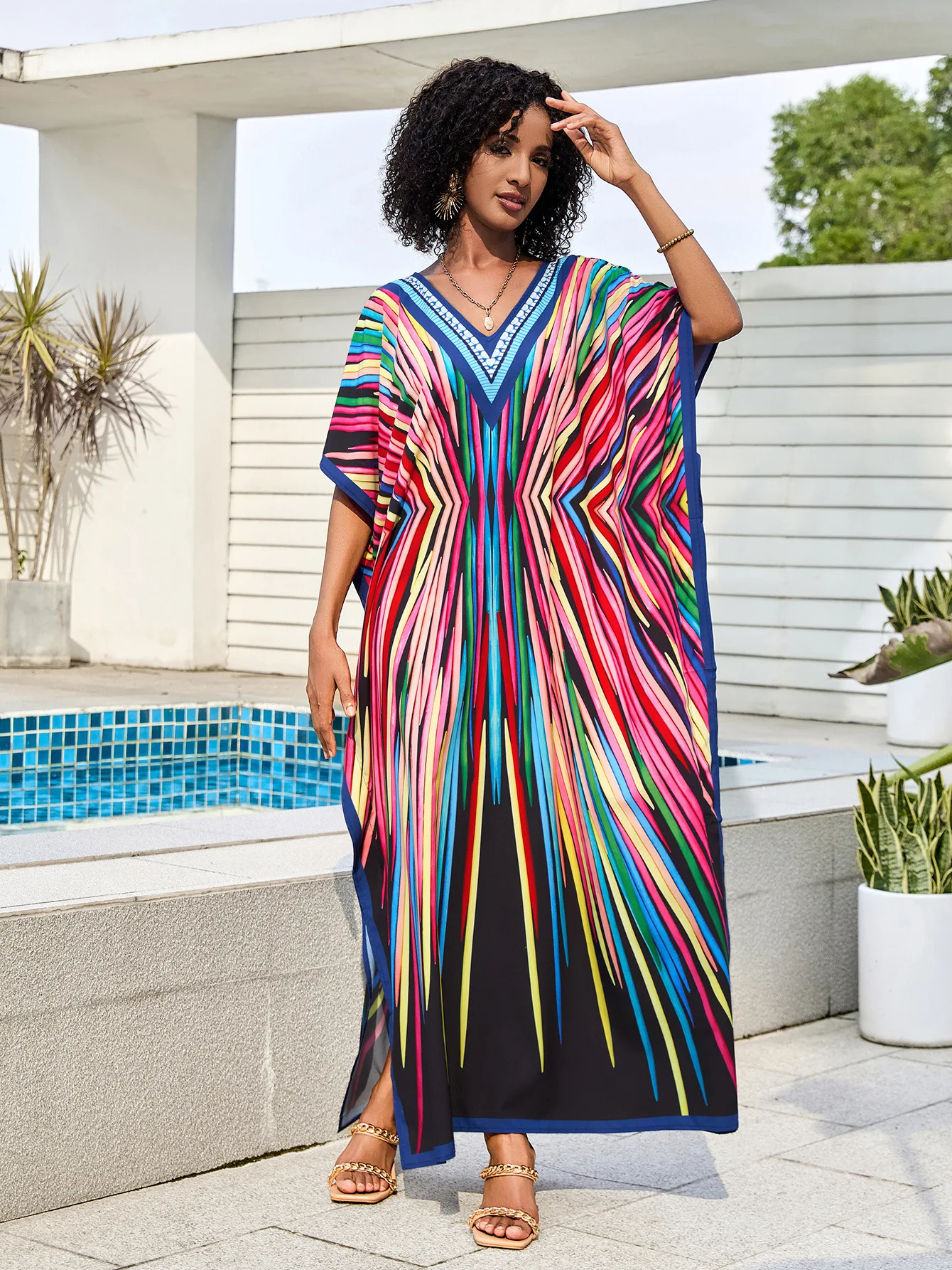 

Women's Kaftan Dresses V Neck Batwing Sleeve Beach Cover Ups Plus Size Lightweight Caftans for Swimwear