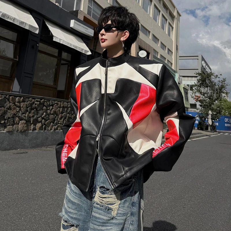 LUZHEN 2026 New Trendy Original Color Contrast High Quality Leather Jacket Men's Handsome Shoulder Pad Motorcycles Coat JY8974