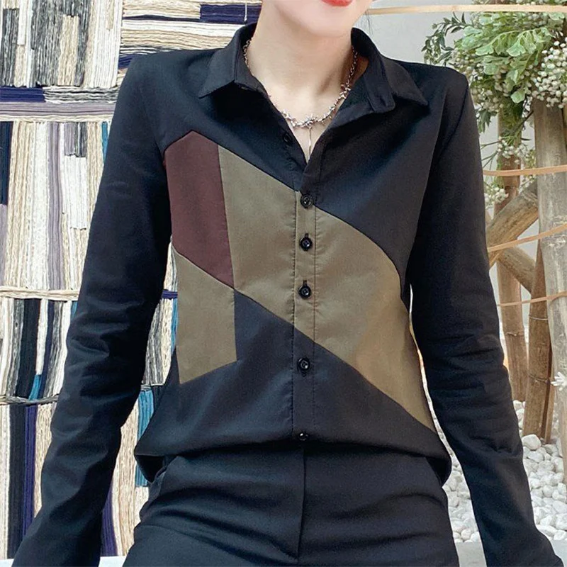 Spring Autumn Elegant Fashion Turn Down Collar Shirt Ladies Slim Casual Patchwork All-match Top Women Buttons Cardigan Blouse