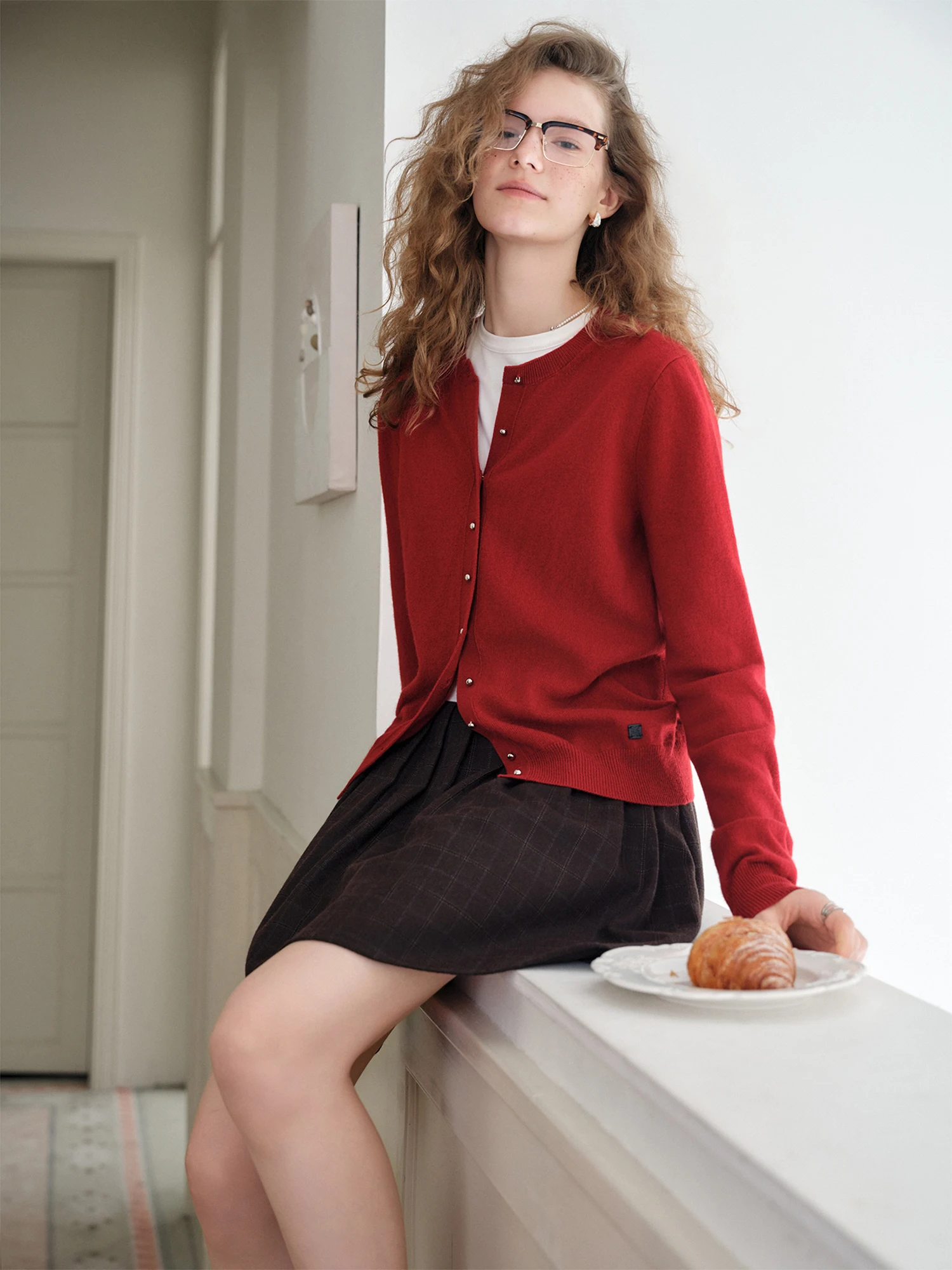 DUSHU Damen Strick-Cardigan aus Wollmischung in Unifarben, 5 Farben, Rundhalsausschnitt, Winter 2026 Neuerscheinung, Vielseitiges Lässiges Strick-Oberteil Pullover – Detail 3