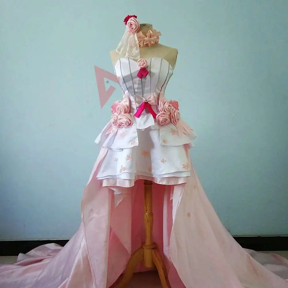 

New Sword Art Online Yuuki Asuna Cosplay Costumes Wedding Dress White Pink Flower Set For Game Party Custom Made
