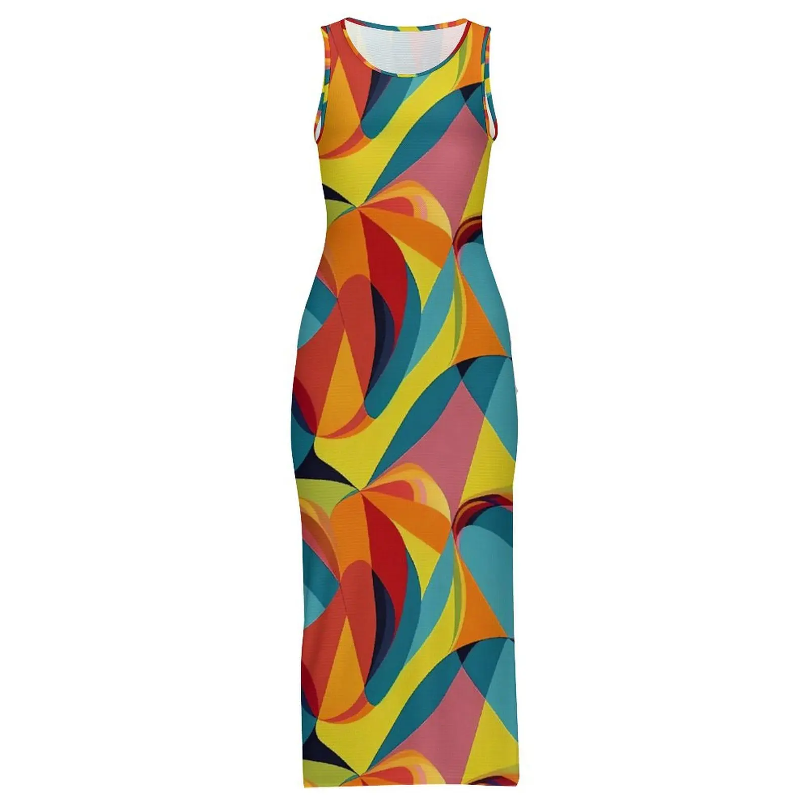 Colorblock bodycon vestido de verão abstrato impressão vintage maxi vestidos mulher sem mangas design rua wear vestido tamanho grande