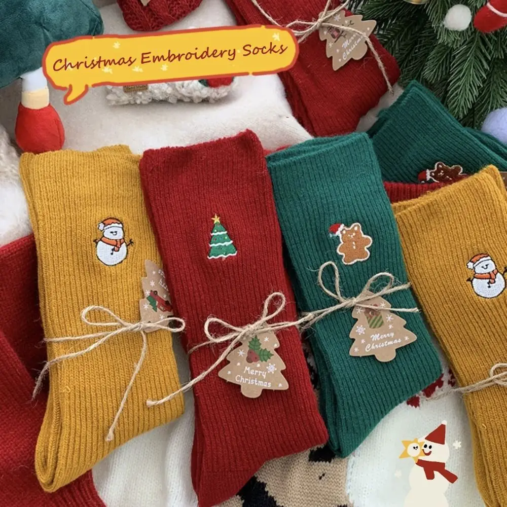 Cotton Christmas Embroidery Socks Gingerbread Man Christmas Tree Cartoon Hosiery Snowman Cloth Accessories Mid-Tube Socks Girls