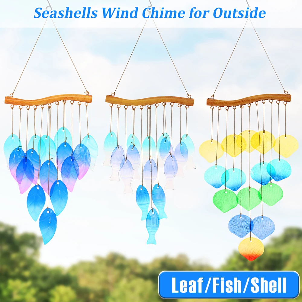 

Стеклянный колокольчик, красочный креативный садовый колокольчик с крючком, подвесной колокольчик в стиле листьев/рыбы/ракушек для наружного украшения