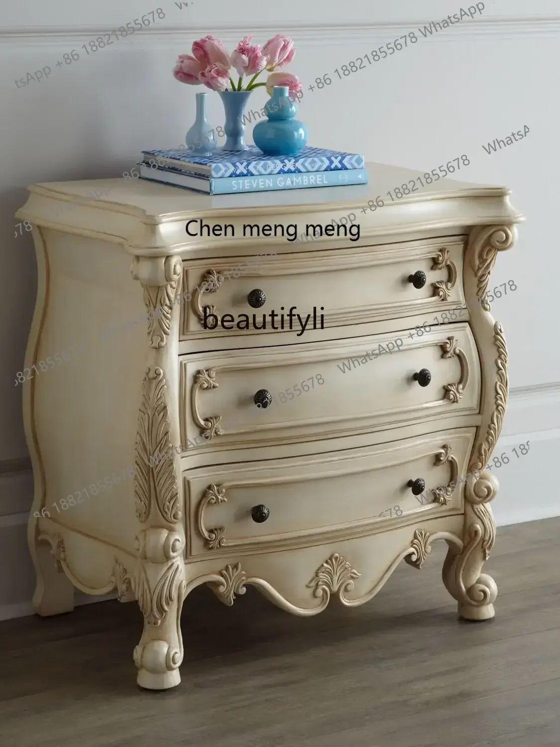 G153 American Style French Style Wood Frame Carved Simple European Bedroom Double Bed Vintage Distressed Black and White