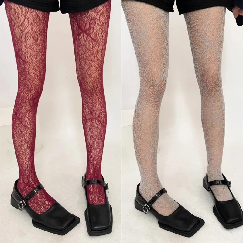 Stoking Wanita Gaya Jepang Winered Baru, Stoking Jala Berlubang Gaya Spicy Girls, Stoking Punk Gothic Lolita Retro Jacquard Mesh