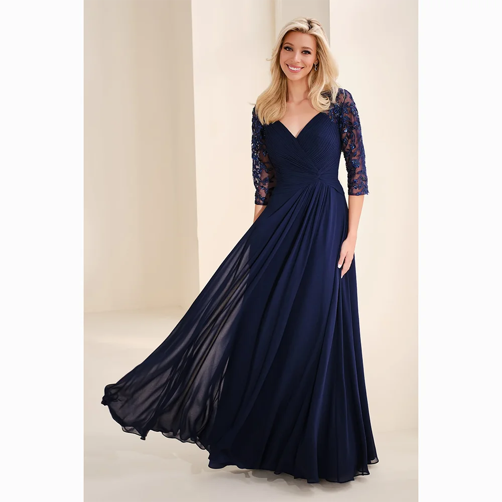

Customized V-Neck Long Evening Dresses Elegant Formal Occasion Prom Gowns Pleat 3/4 Sleeves 2025 Floor Length Prom Dresses