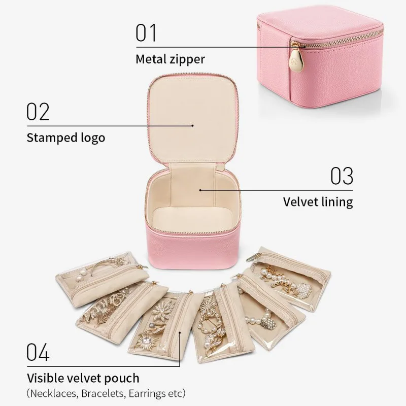 Mini Pu Leather Jewelry Box with Velvet Pouches Travel Portable Jewel Rings Bracelet Bangle Storage Organizer Case Wedding Gift