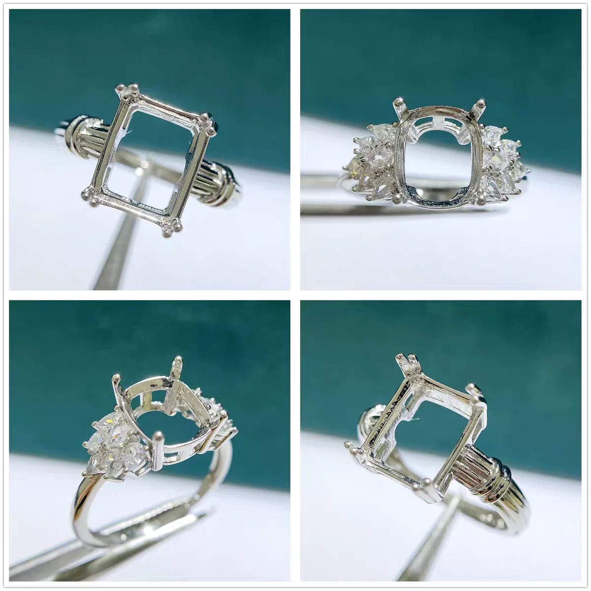 

MeiBaPJ 8*10 Rectangle Stone 925 Silver Fashion Zircons Ring Holder DIY Empty Support for Women Fine Charm Jewelry