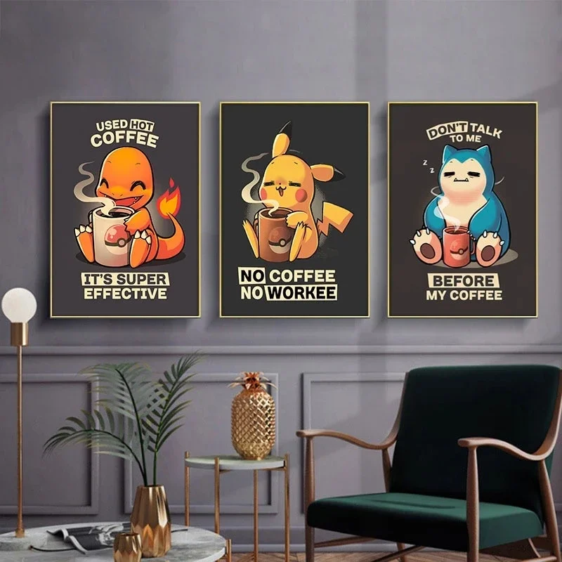 

Pokemon Peripheral Snorlax Pikachu Drink Coffee Poster Vintage Anime Canvas Painting Art Wall for Kids Bedroom Decor Cuadros