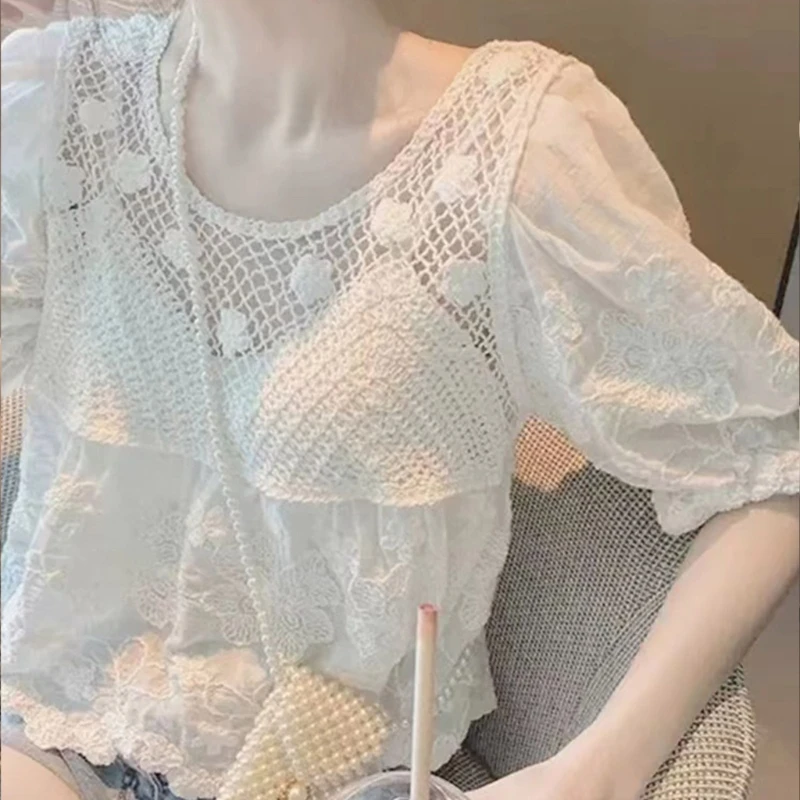 Blusas sueltas casuales para mujer con cuello redondo y manga abombada