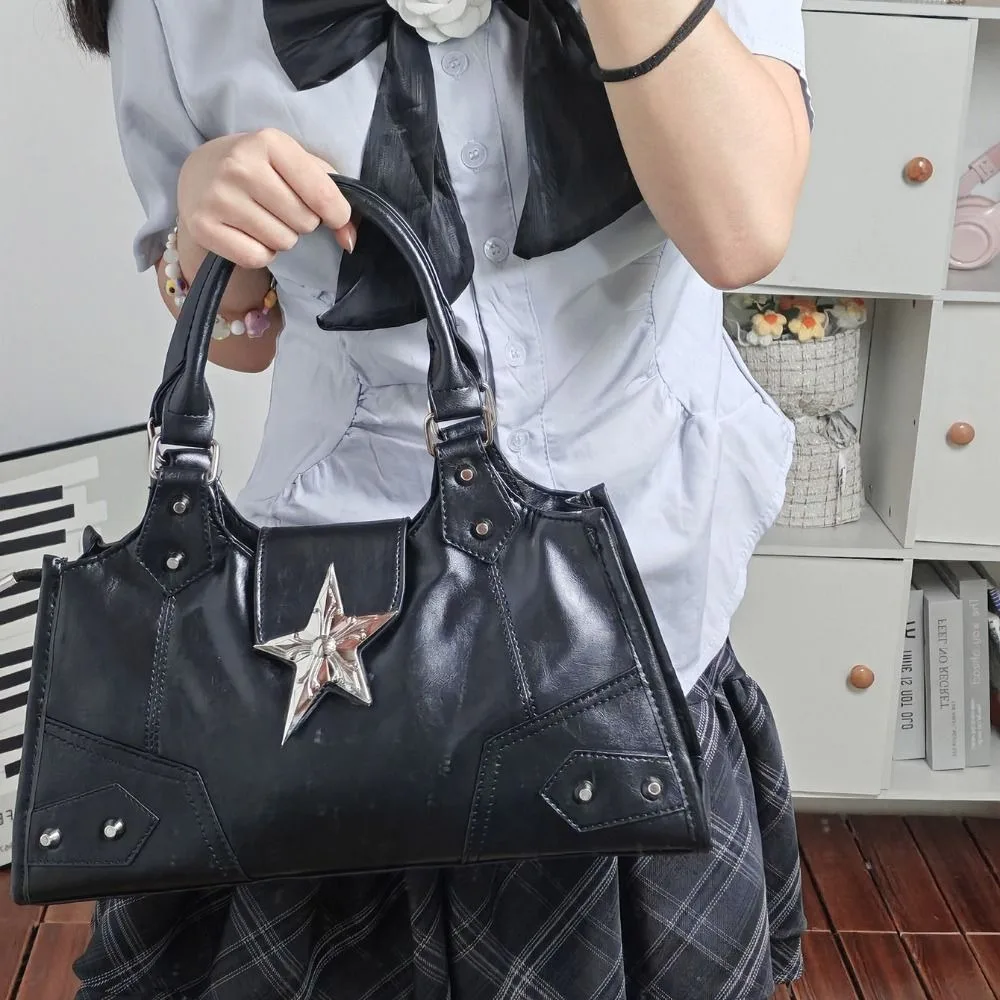 

PU Leather Gothic Star Crossbody Bag Large Capacity Retro American Style Locomotive Style Underarm Bag Korean Style Solid Color