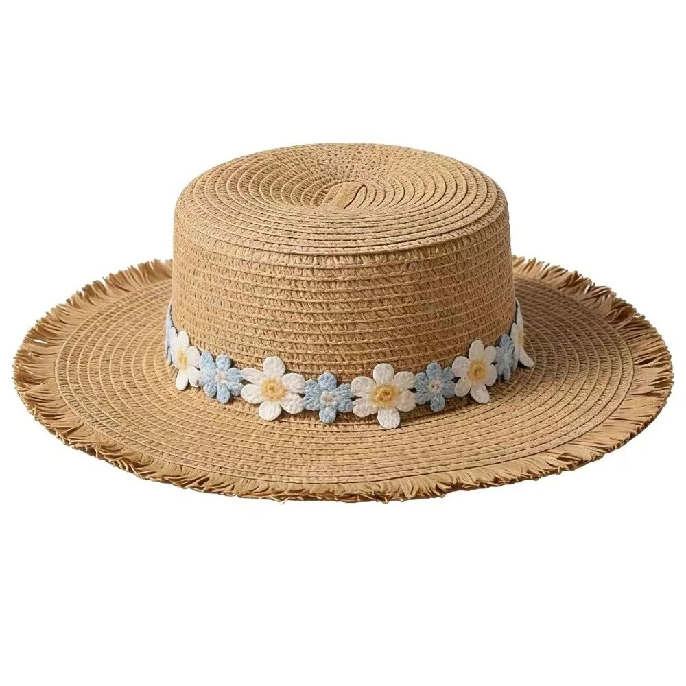 

Elegant Wide Brim Flower Straw Hat Sun Protection UV Protection Sunscreen Sun Hat Flat Top French Style Visor Cap Hiking