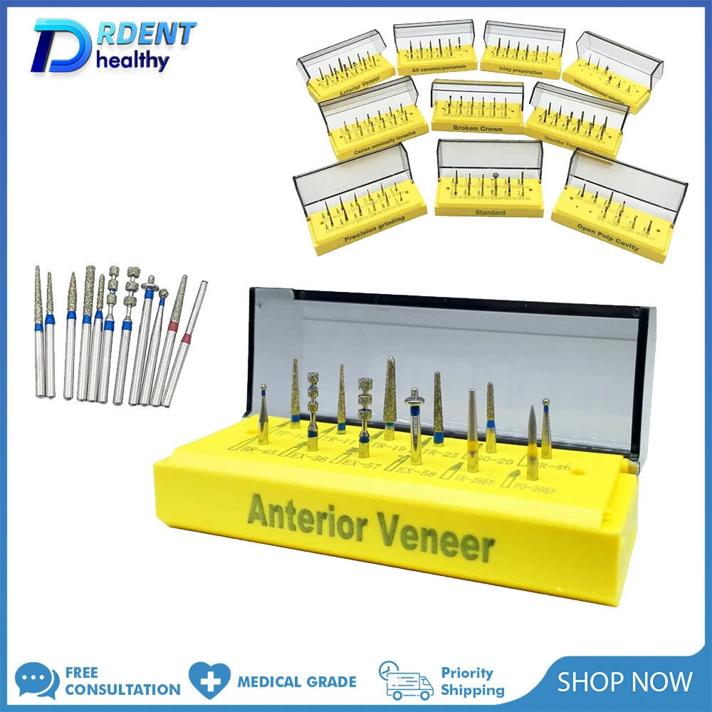 

Стоматологические алмазные боры для высокоскоростной обработки керамических виниров и ремонта сломанных коронок, универсальный набор для подготовки и полировки, набор сверл