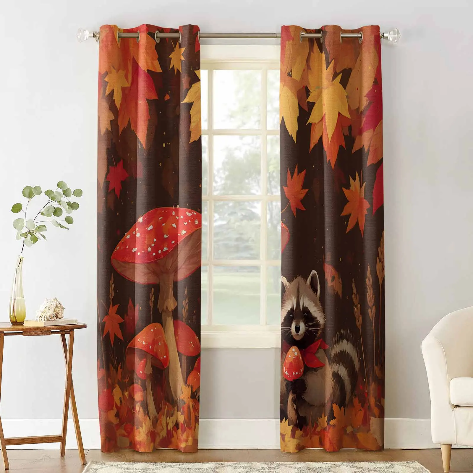 Autumn Maple Leaf Mushroom Raccoon Blackout Curtains For Living Room Bedroom Window Treatment Blinds Drapes